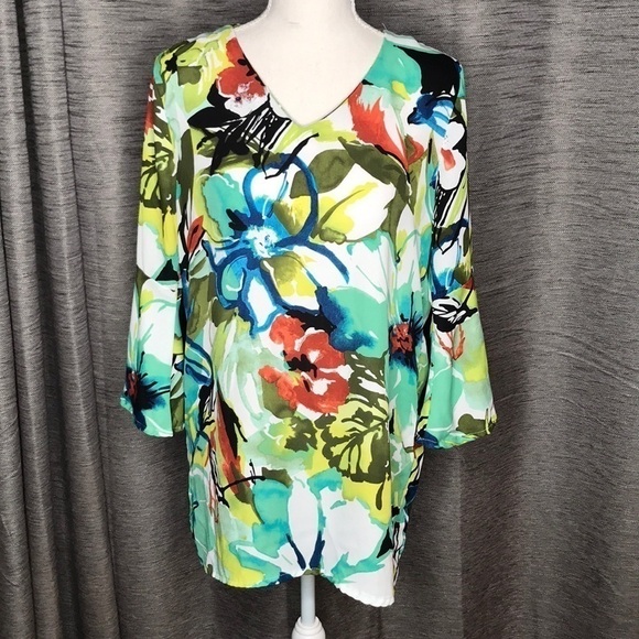 PECK & PECK COLORFUL FLORAL BLOUSE MEDIUM GREEN & BLUE - Picture 1 of 5